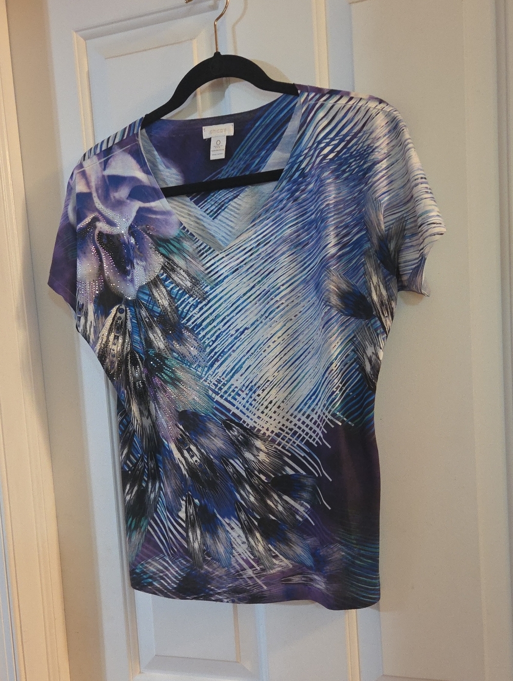 Chicos V-Neck Short Sleeve Graphic Top - Purple Blue Print Small